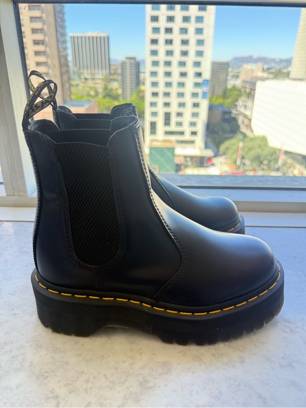 Dr. Martens Black Leather Chelsea Boots with Yellow Stitching